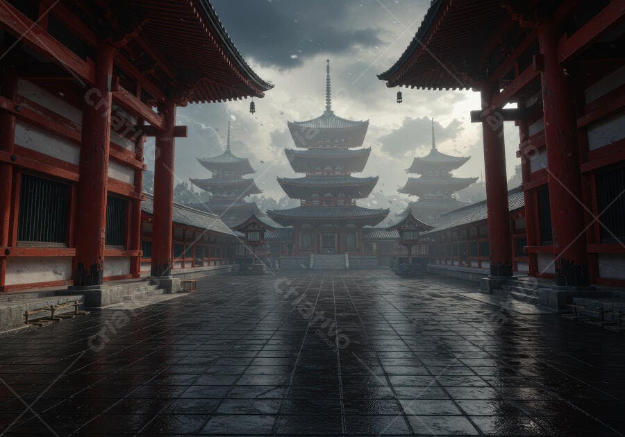 Pagode Japonesa sob Céu Cinzento