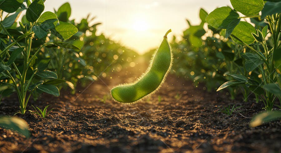 Vagem de soja em campo ao pôr do sol