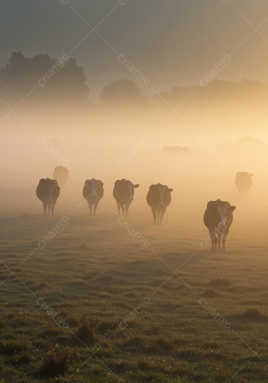 Vacas em campo neblinoso ao amanhecer