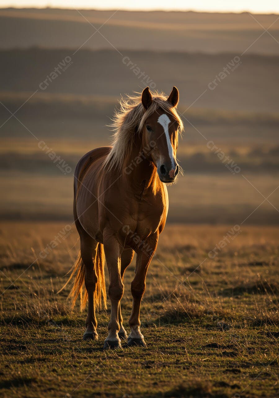Cavalo castanho ao pôr do sol em campo