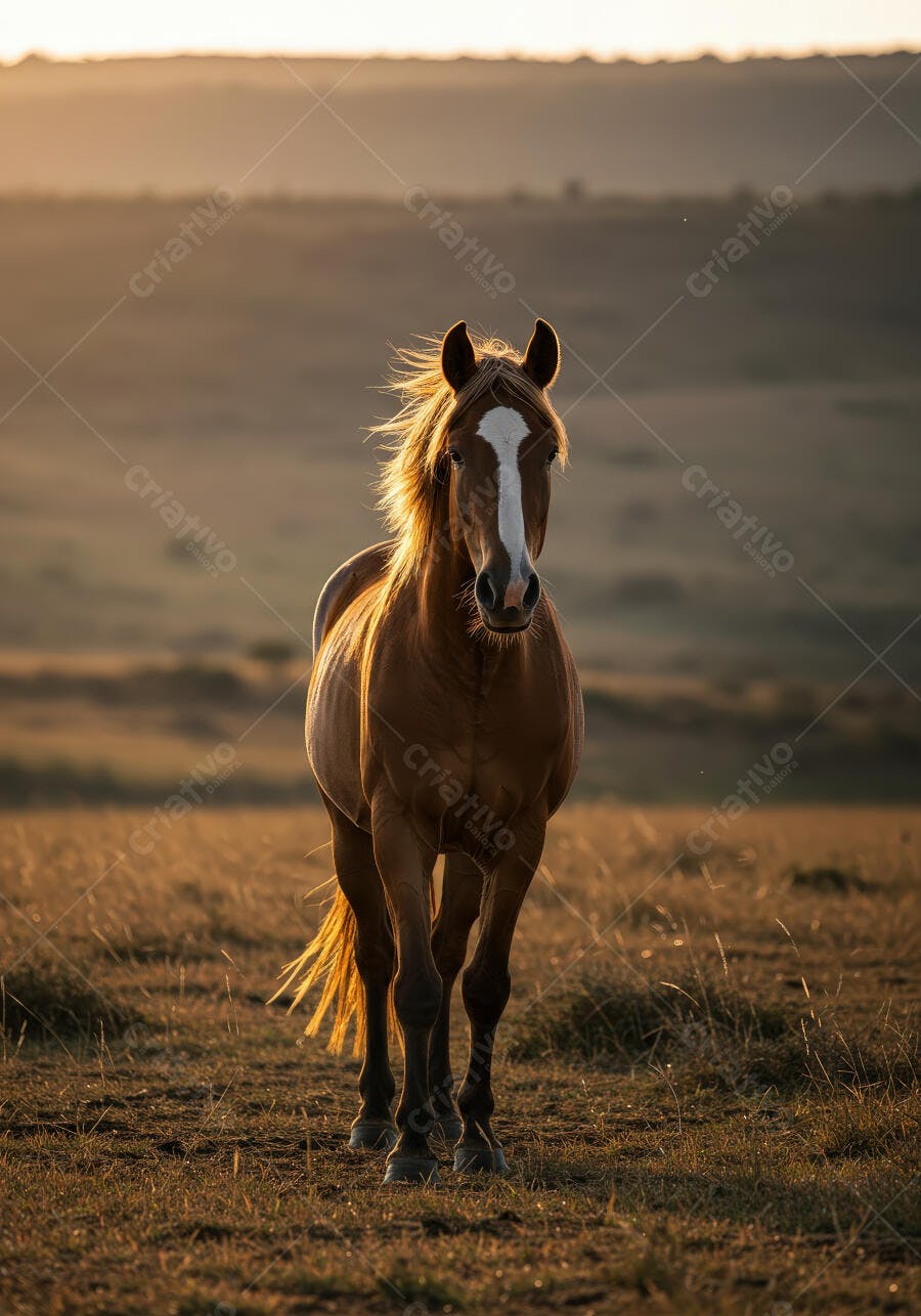 Cavalo castanho no campo ao entardecer