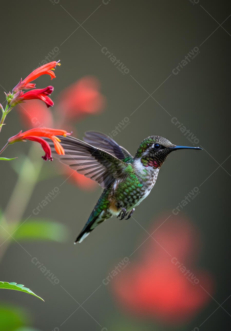 Beija-flor em voo próximo a flores vermelhas