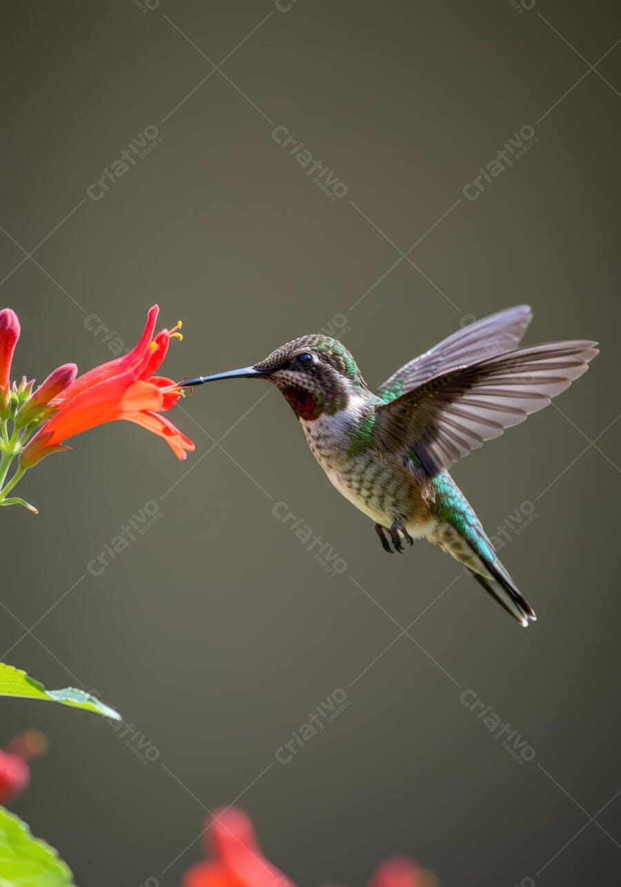 Beija-flor em voo próximo a flor vermelha
