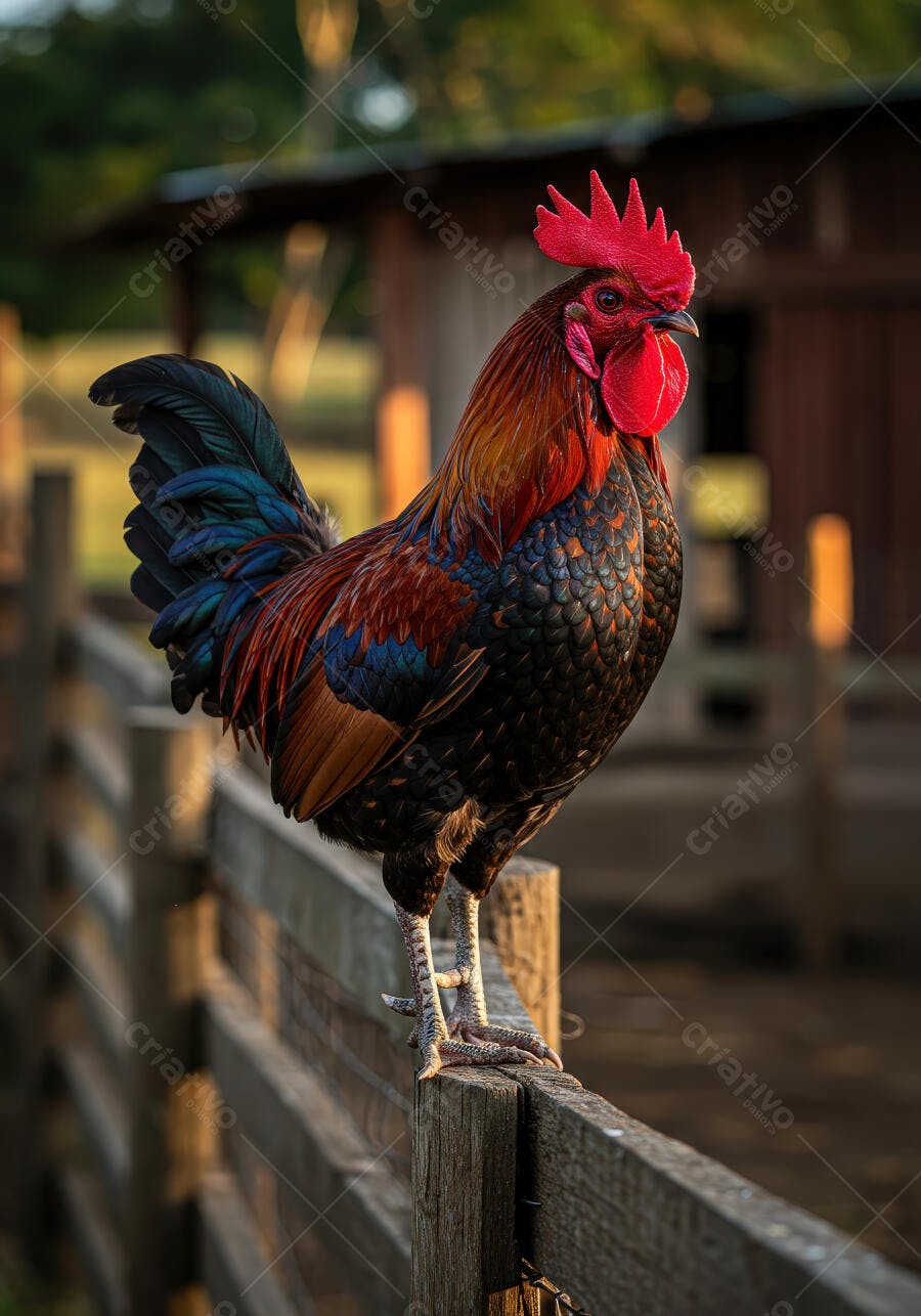 Galo em cerca de madeira ao amanhecer