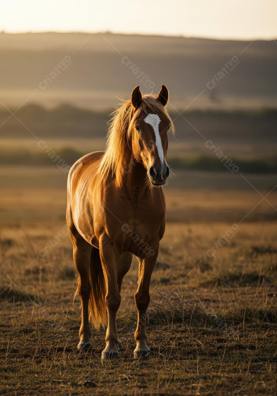 Cavalo castanho no campo ao entardecer