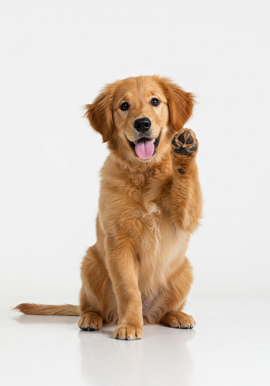 Golden Retriever filhote dando a pata fundo branco