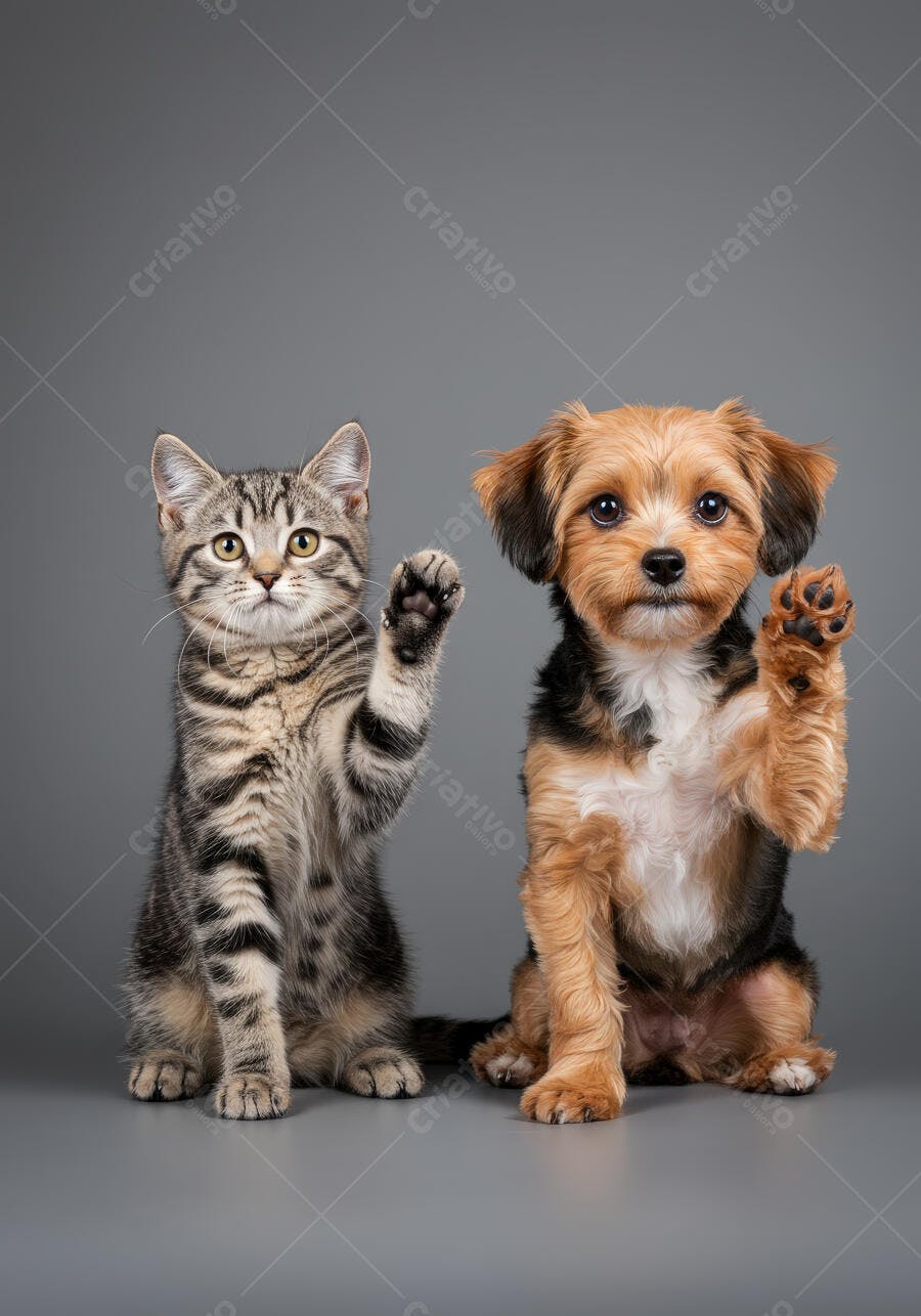 Gatinho e Cachorro dando a pata fundo cinza