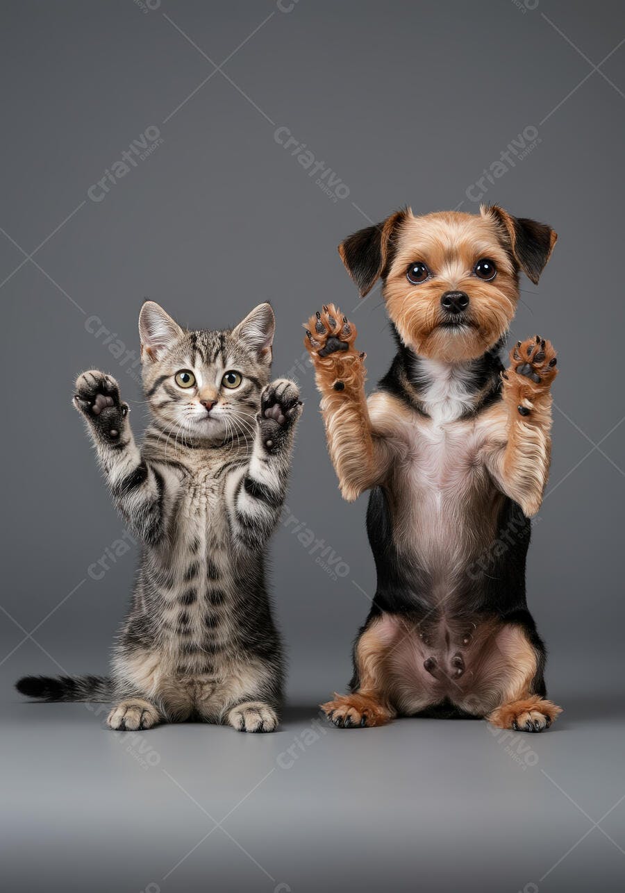 Gatinho e Yorkshire em pé fundo cinza