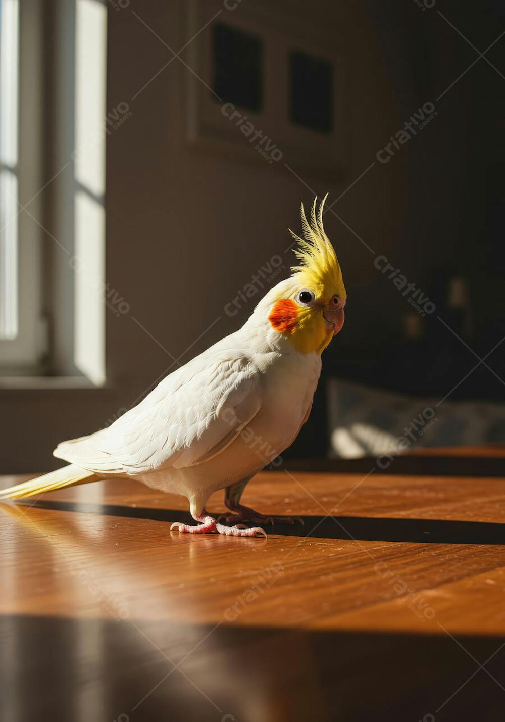 Cockatiel branco e amarelo em uma mesa de madeira. Luz solar intensa cria sombras e destaca as cores vibrantes da ave. A cena é calma e aconchegante.