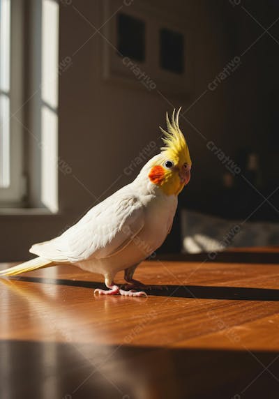 Papagaio Cockatiel branco em mesa ensolarada