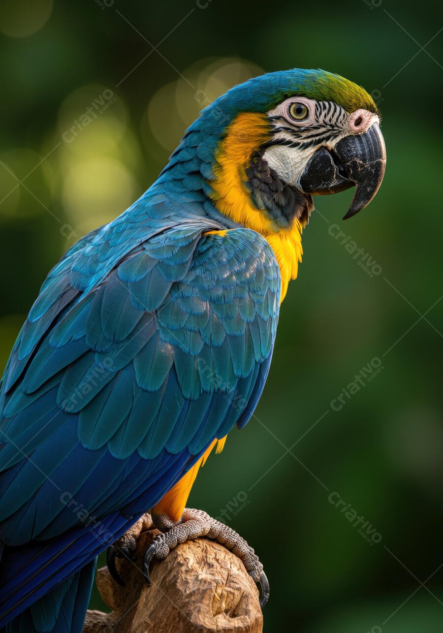 Arara Azul e Amarela em tronco de madeira