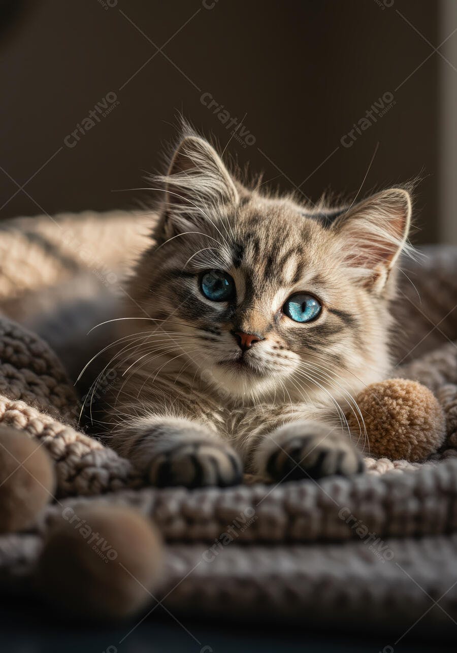 Gatinho cinza com olhos azuis em manta felpuda