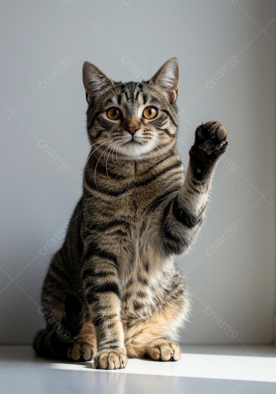 Gato Tabby dando a pata fundo claro