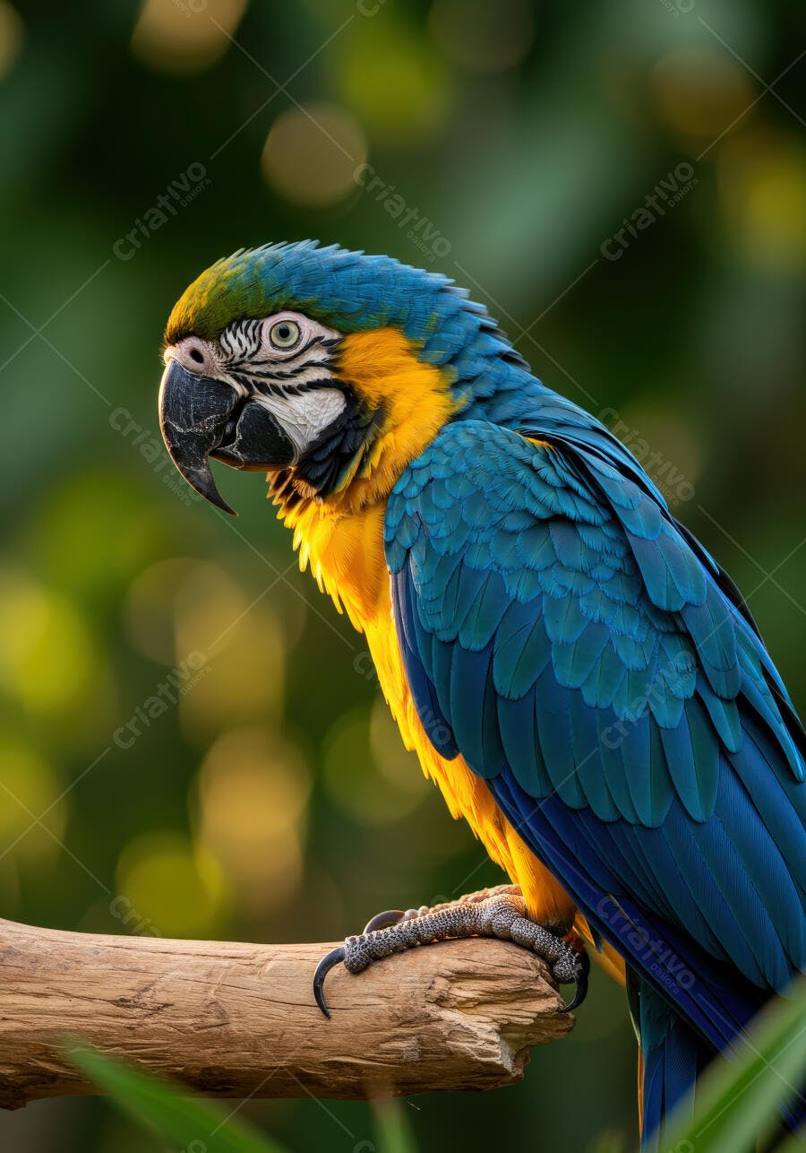 Arara-azul-e-amarela em galho árvore