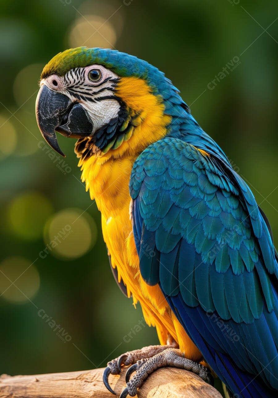 Arara-azul-e-amarela em tronco de madeira