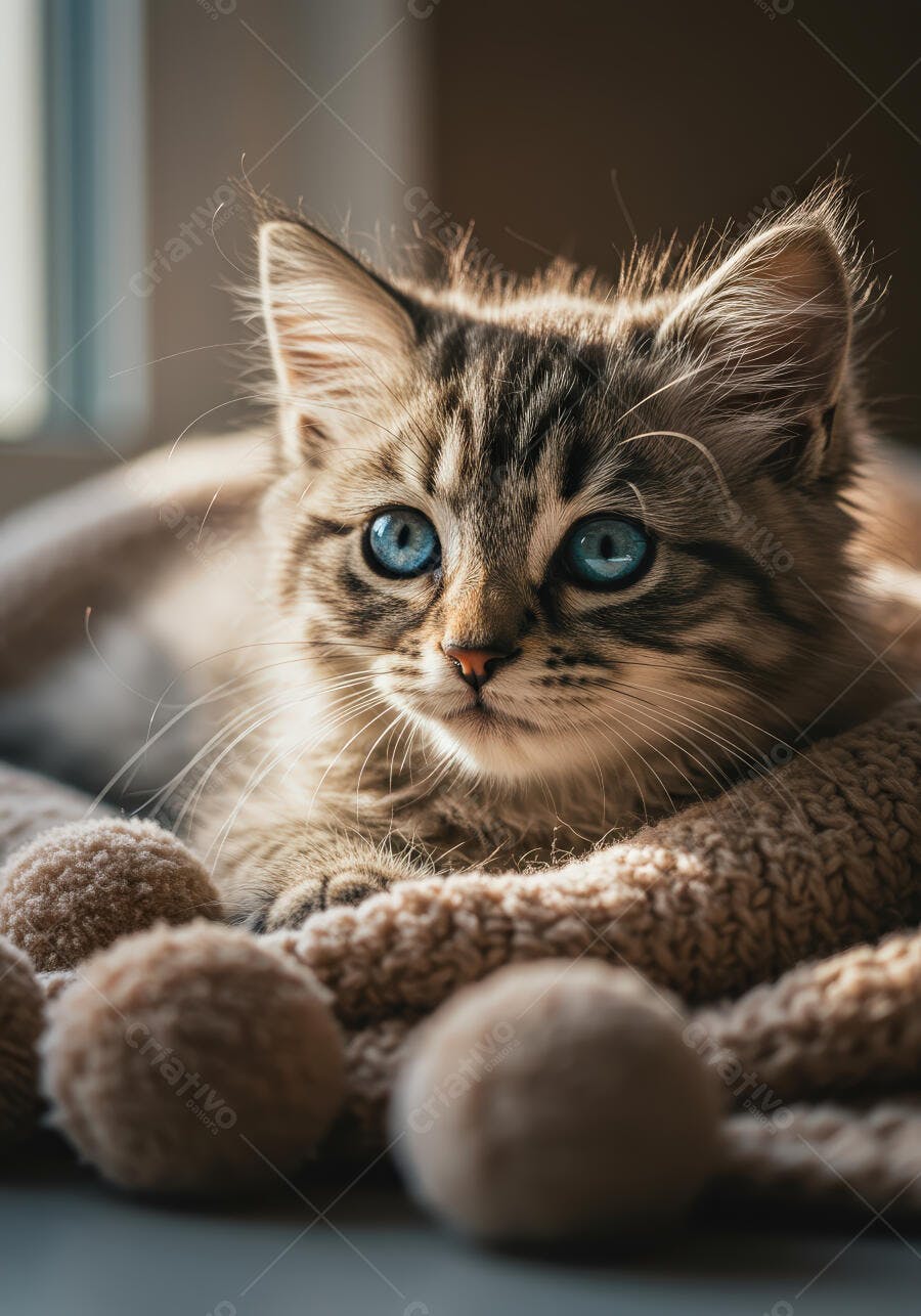 Gatinho com olhos azuis em manta bege
