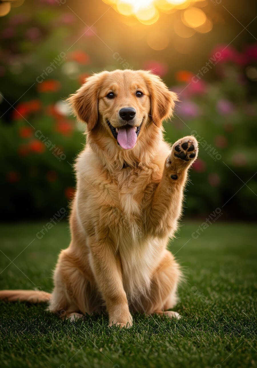 Golden Retriever dando a pata ao pôr do sol