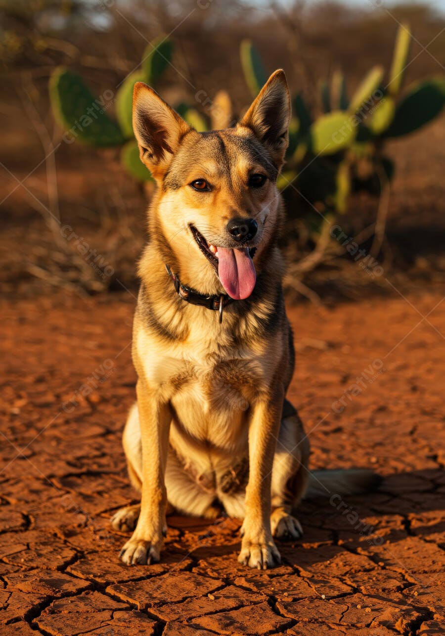 Cachorro caramelo em solo árido ao entardecer