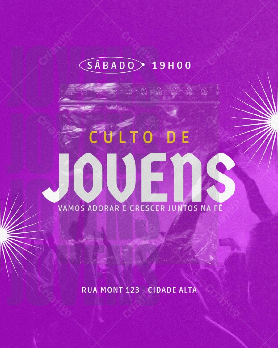 Post Instagram Culto de Jovens Roxo e Branco Editável no Canva