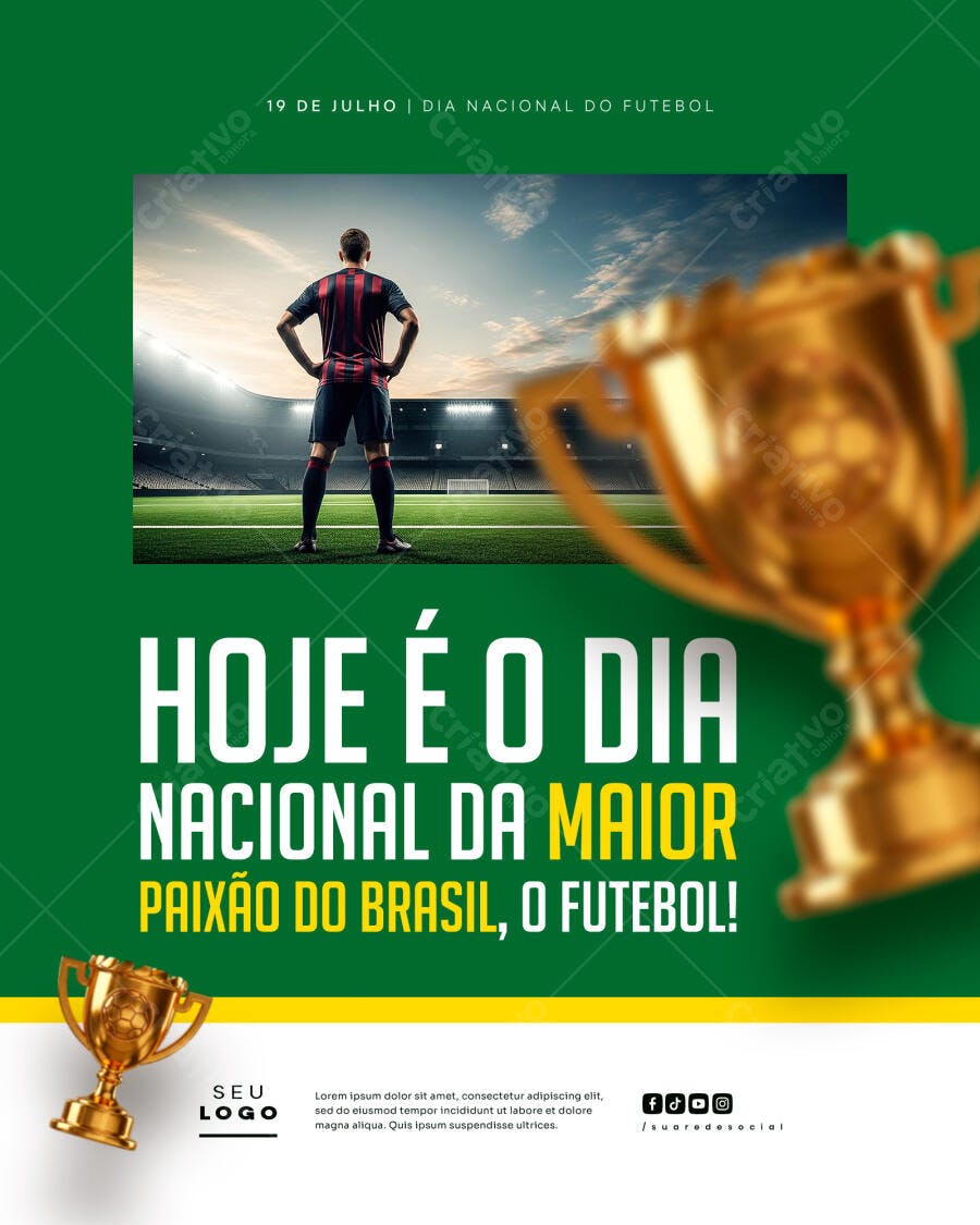 Arte PSD para Post do Dia Nacional do Futebol com Jogador no Estádio