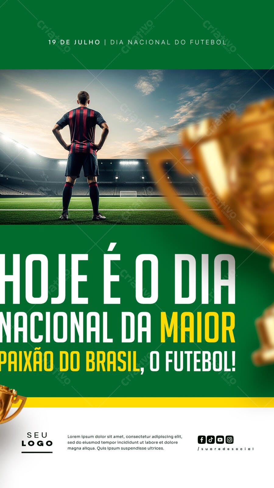 Arte PSD para Post do Dia Nacional do Futebol com Jogador no Estádio
