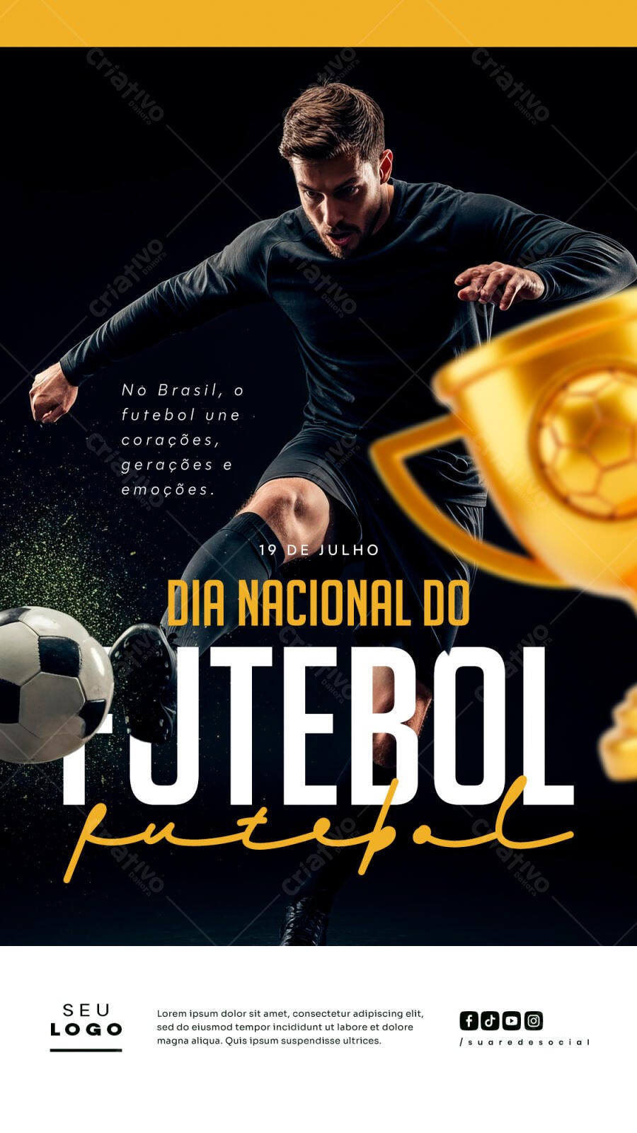 Arte PSD para Redes Sociais - Dia do Futebol com Jogador e Troféu