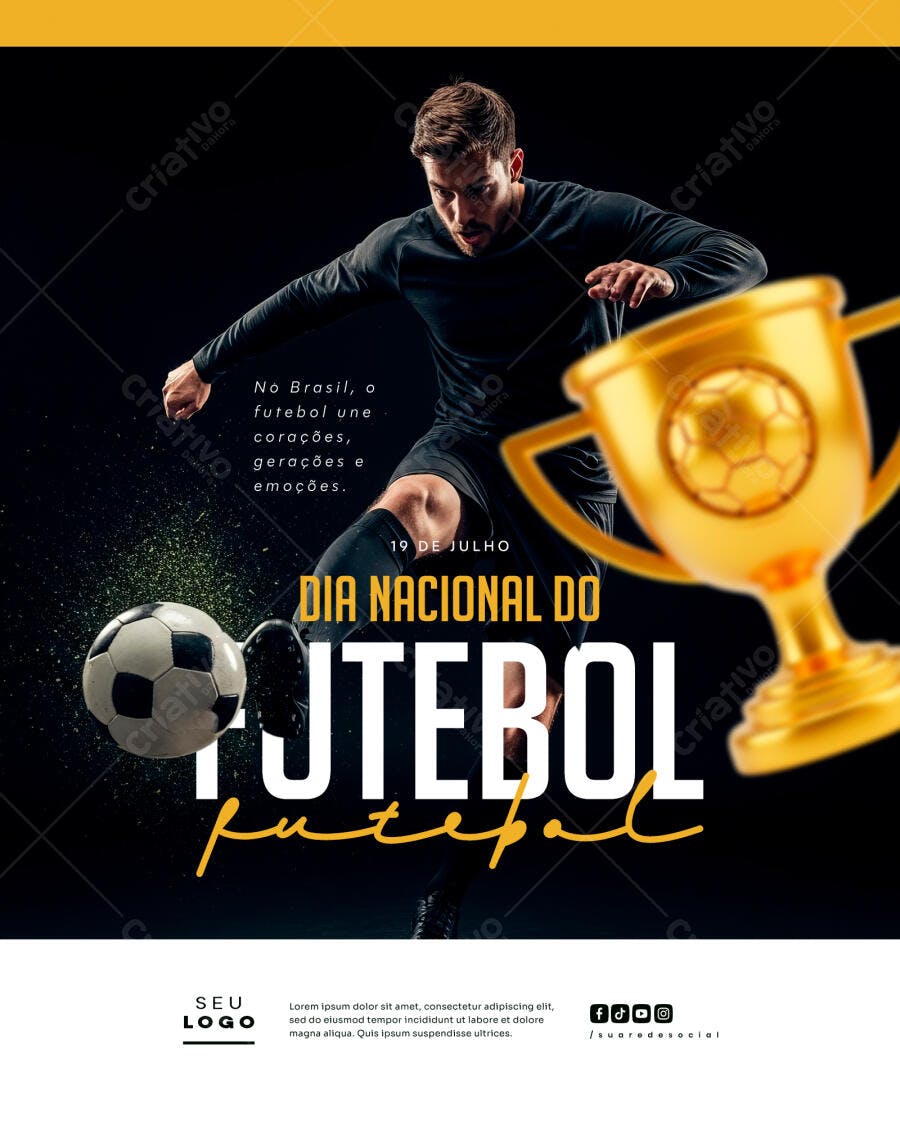 Arte PSD para Redes Sociais - Dia do Futebol com Jogador e Troféu