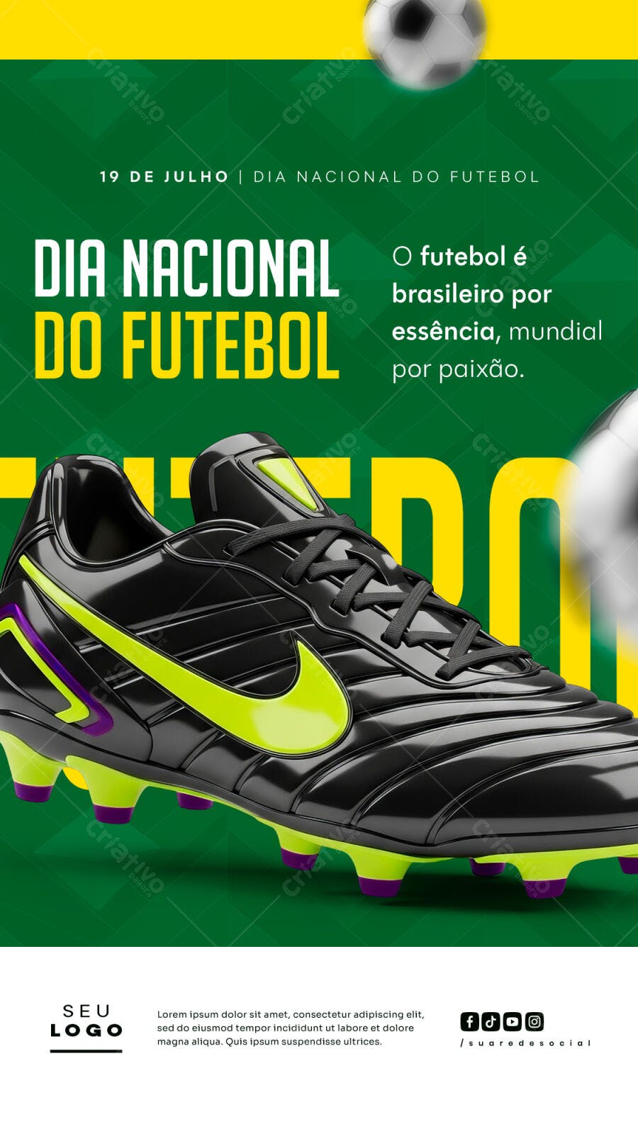 Arte PSD Editável para o Dia Nacional do Futebol com Chuteira para Redes Sociais