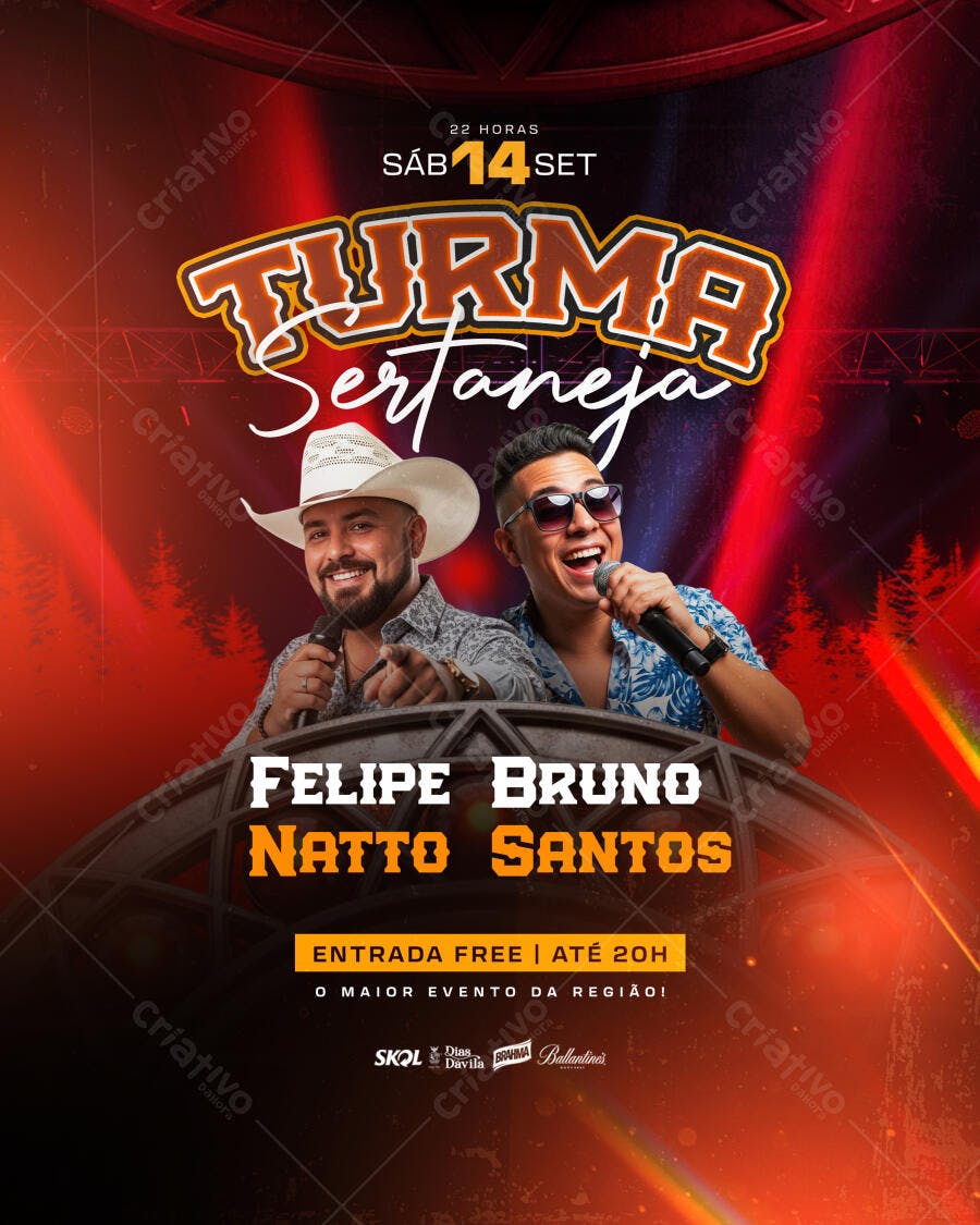 Flyer para Show Sertanejo com Felipe Bruno e Natto Santos PSD Editável