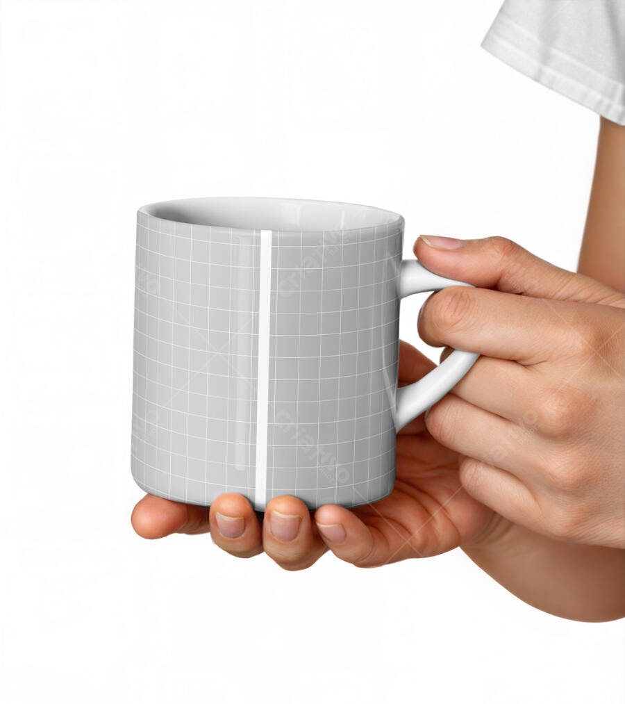 Mockup Caneca Cinza em Mãos - Design Minimalista