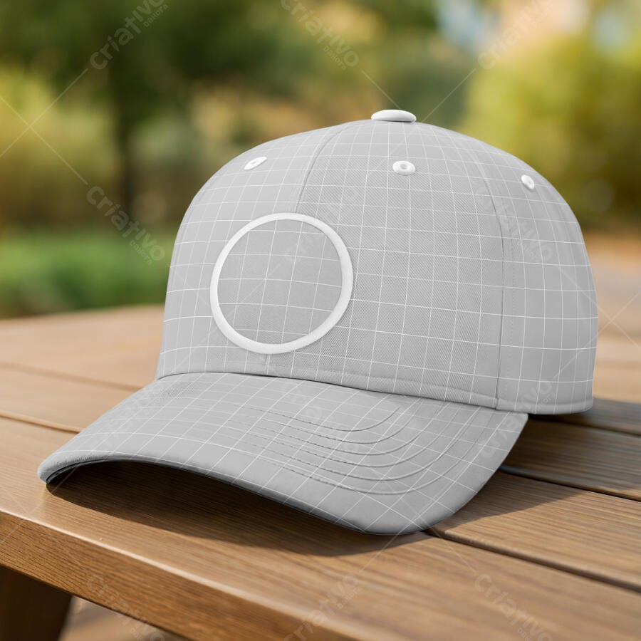 Mockup Boné Cinza Claro em Mesa de Madeira