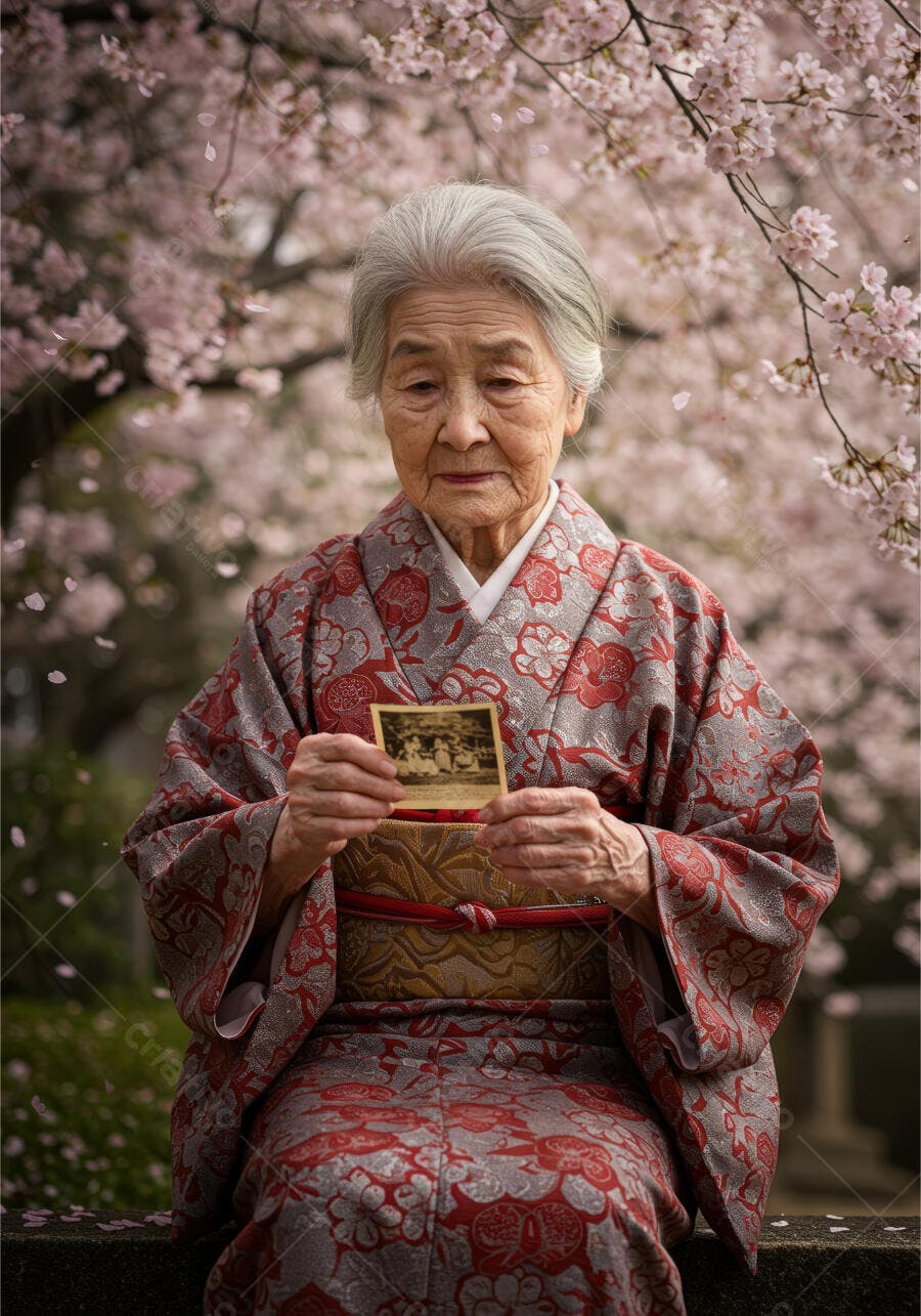 Idosa japonesa em quimono vermelho sob cerejeiras