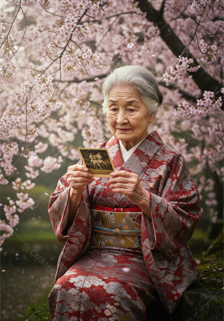 Idosa Japonesa em Kimono vermelho sob Cerejeiras