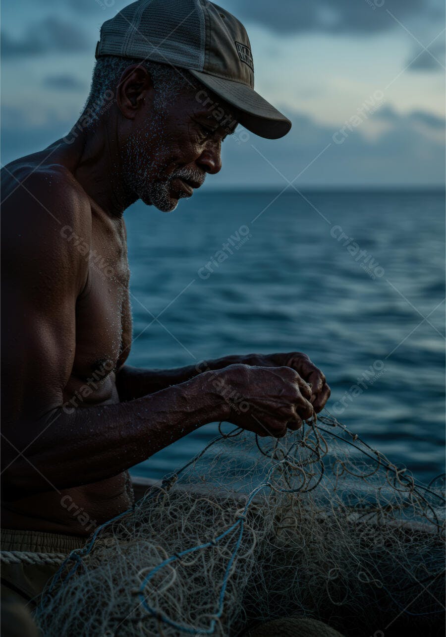 Pescador consertando rede ao entardecer