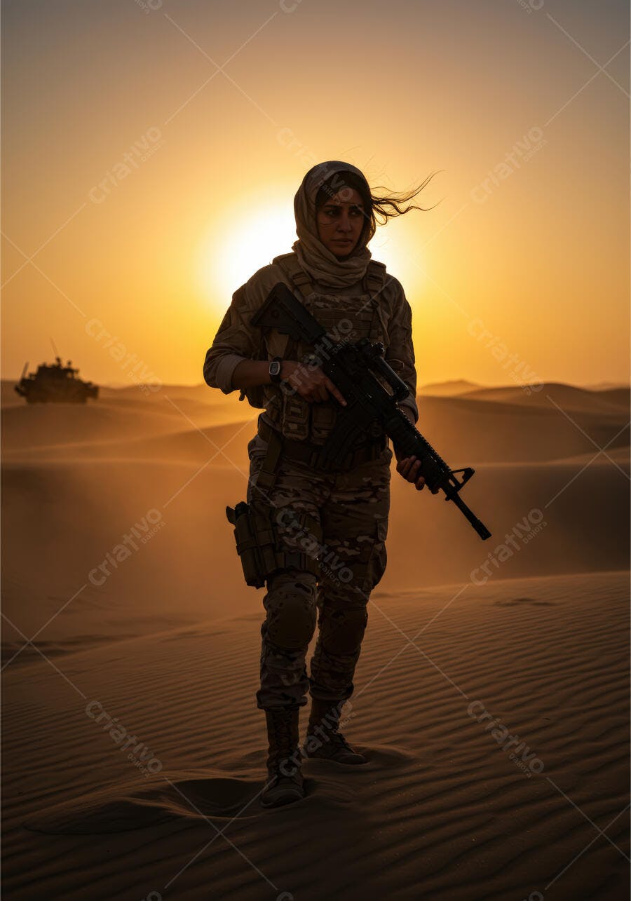 Soldada no deserto ao pôr do sol