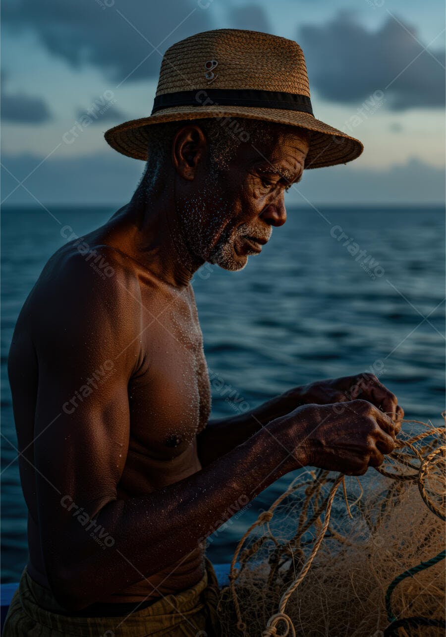 Pescador Afrodescendente consertando rede ao entardecer