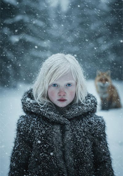 Menina na Neve com Raposa ao Fundo