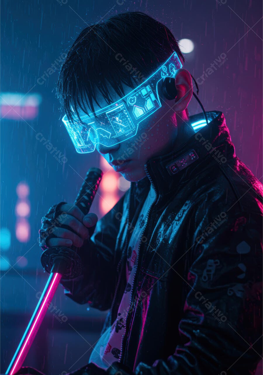Cyberpunk jovem com espada neon na chuva