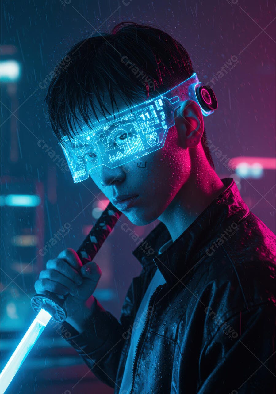 Cyberpunk Guerreiro com Katana sob Chuva Neon