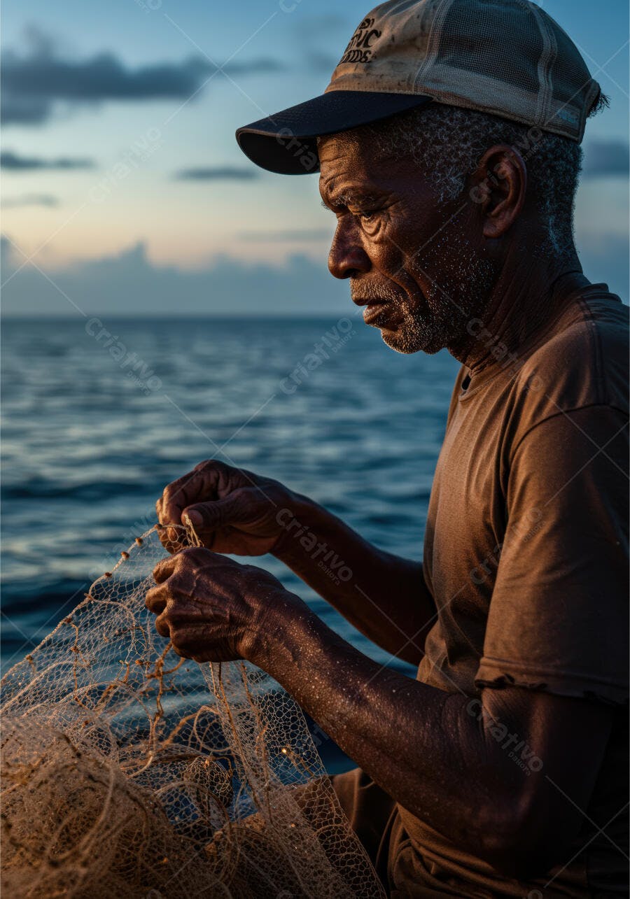 Pescador consertando rede ao entardecer