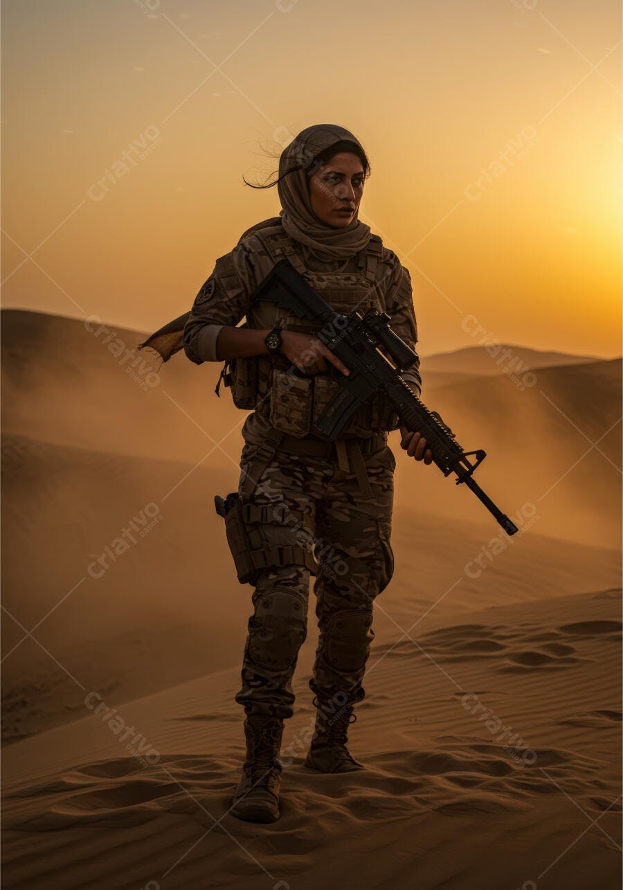 Soldada no deserto ao entardecer
