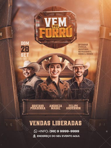 Flyer para evento de Forró com data marcada para 28 de setembro. Design rústico em tons de marrom e bege, com fotos de artistas sertanejos. Ideal para divulgação em redes sociais e impressos.