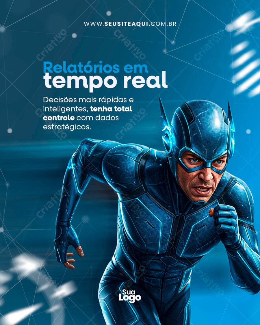 Flyer Herói Azul Relatórios em Tempo Real PSD Editável