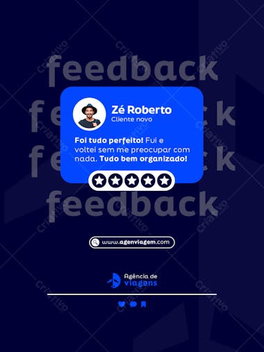 Modern and elegant dark and light blue PSD template for showcasing client feedback. Features a 5-star rating, client photo and clean design. Perfect for travel agencies social media marketing.