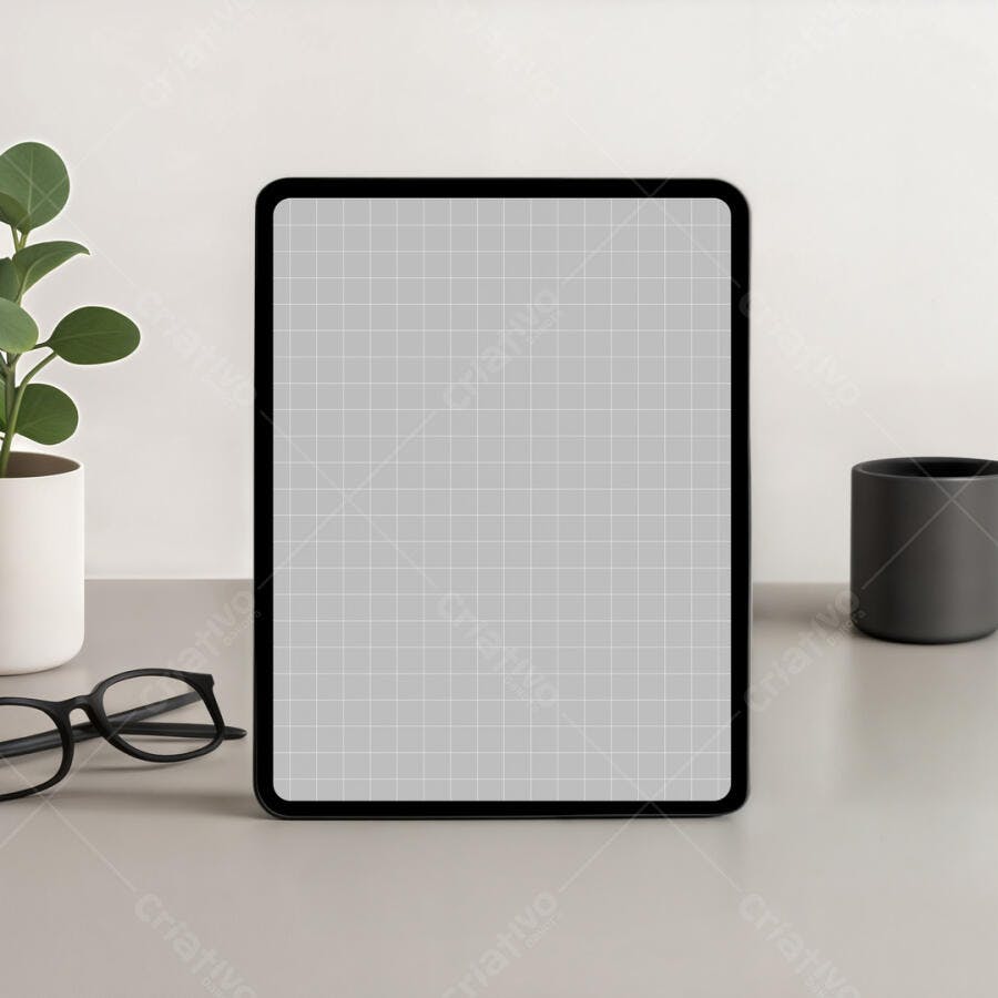 Mockup de Tablet Moderno em Mesa Minimalista