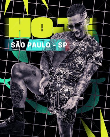 Modern and vibrant PSD flyer template for a music event in São Paulo, Brazil. Predominant colors: neon yellow, turquoise green, and black. Features an image of a tattooed singer wearing sunglasses and a patterned shorts. Ideal for social media and print marketing.