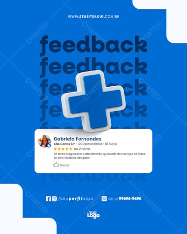 PSD template for a social media feedback post. Modern blue and white design, featuring a 3D medical cross icon and space for a profile picture. Perfect for clinics, practices, and businesses aiming to showcase positive reviews.