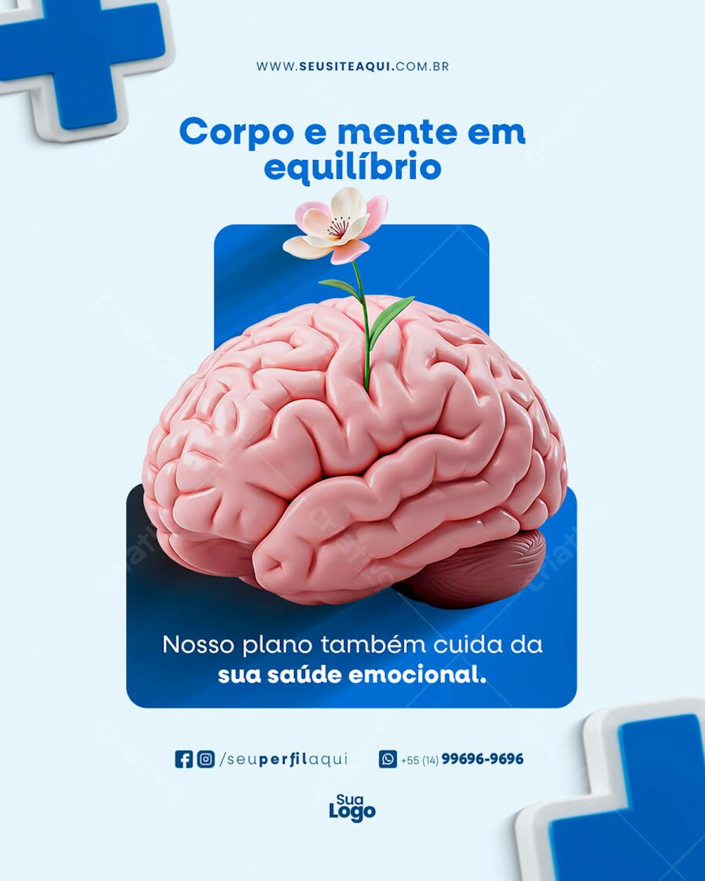 PSD template for social media posts about mental health. Featuring a brain, flower, and soft colors (pink, blue). Perfect for clinics, psychologists, and wellness businesses. Create engaging and professional posts!