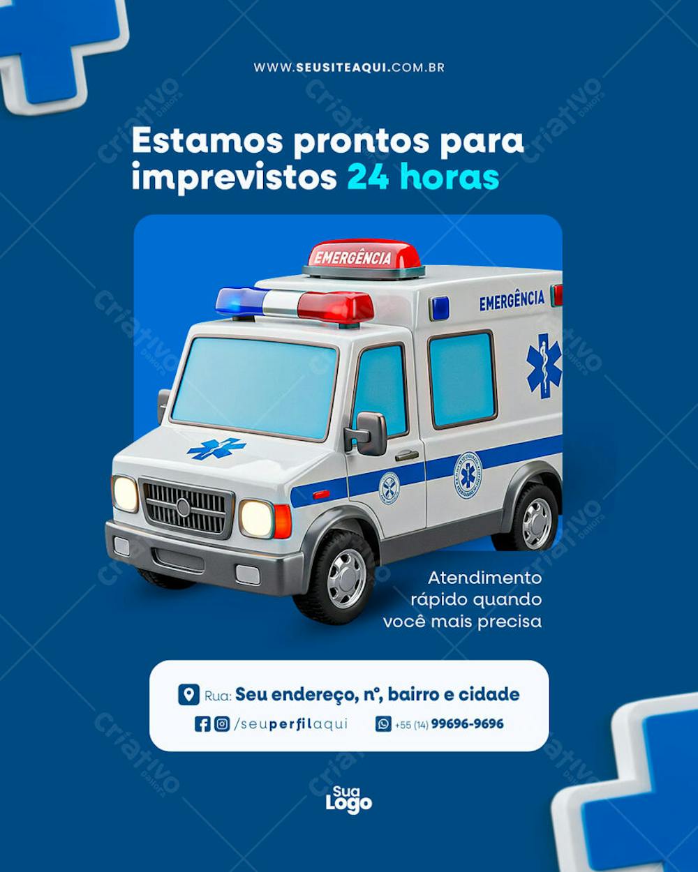Editable PSD template for a social media post featuring an ambulance, in blue and white colors, clean and professional style. Ideal for clinics, hospitals, and emergency services. Create impactful posts!
