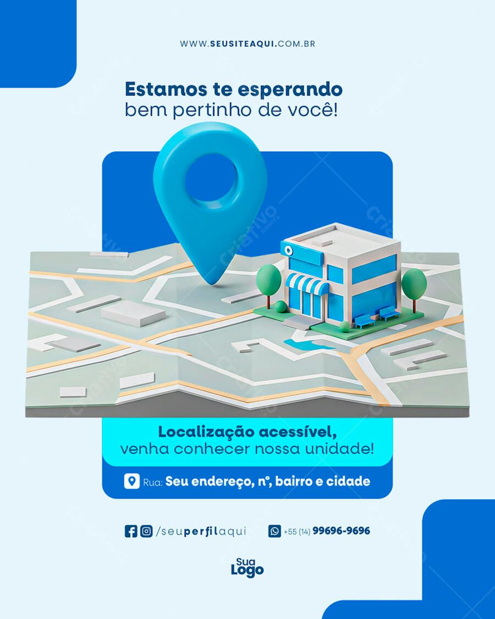 Clean and modern PSD flyer design in light blue and gray tones. Features a 3D illustration of a store on a map, perfect for promoting business locations. Target audience: businesses seeking to attract customers.
